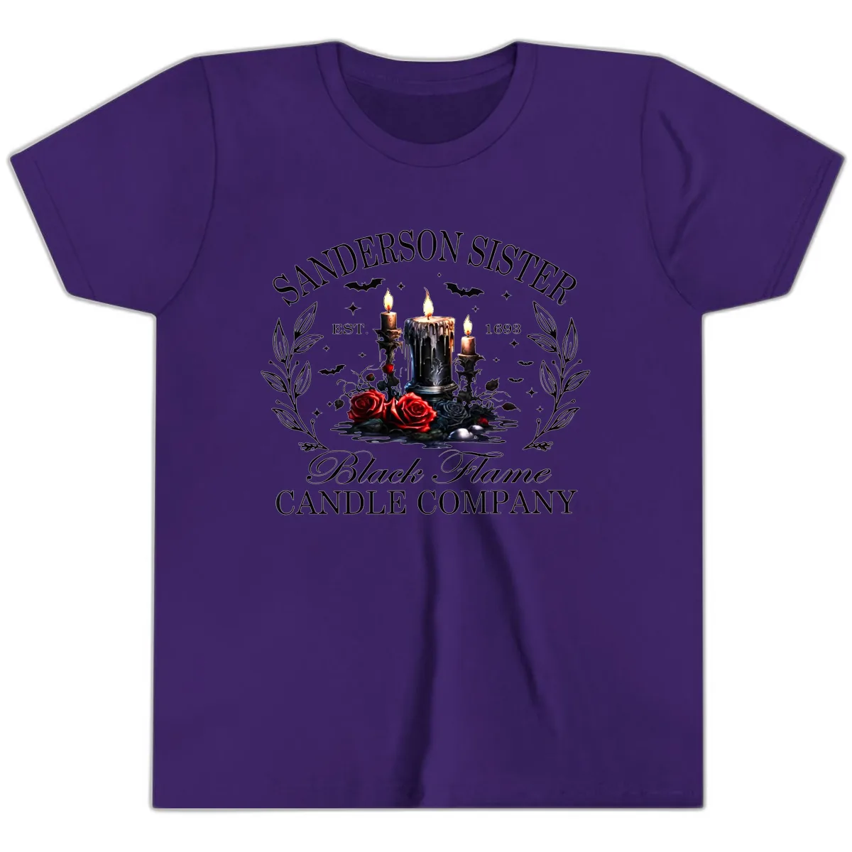 Sanderson Sister Black Flame Candle Youth T-Shirt in Team Purple
