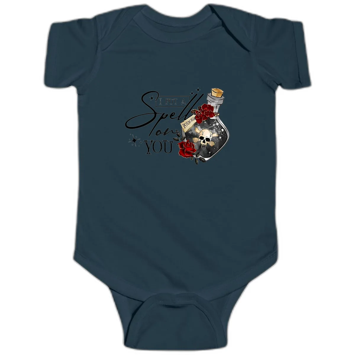 I Put A Spell On You Potion Baby Onesie in Navy