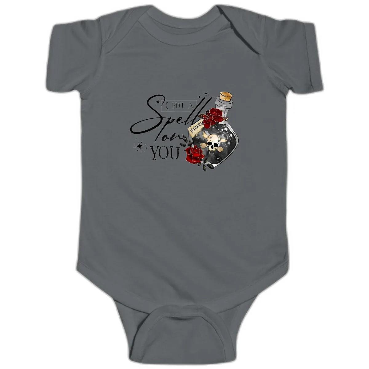 I Put A Spell On You Potion Baby Onesie in Charcoal