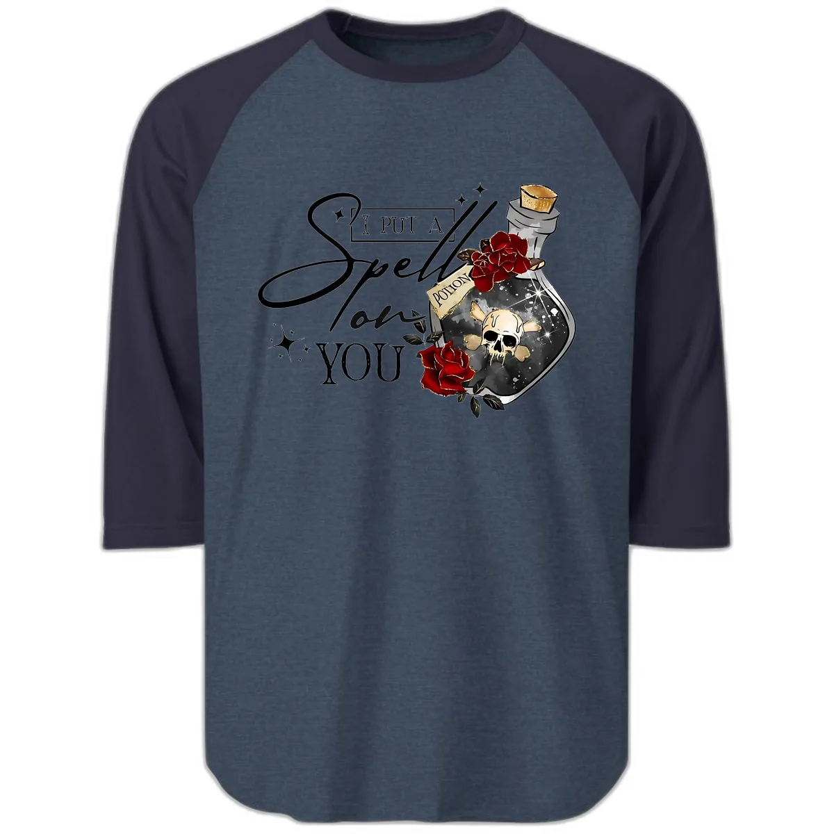 I Put A Spell On You Potion Raglan 3/4 in Heather Denim Navy