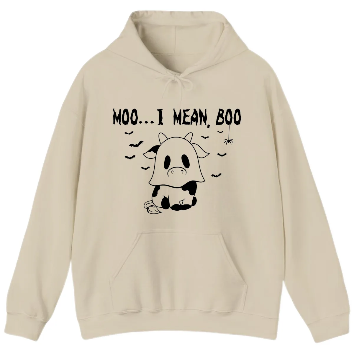 Moo I Mean Boo Ghost Cow Halloween Hoodie in Sand
