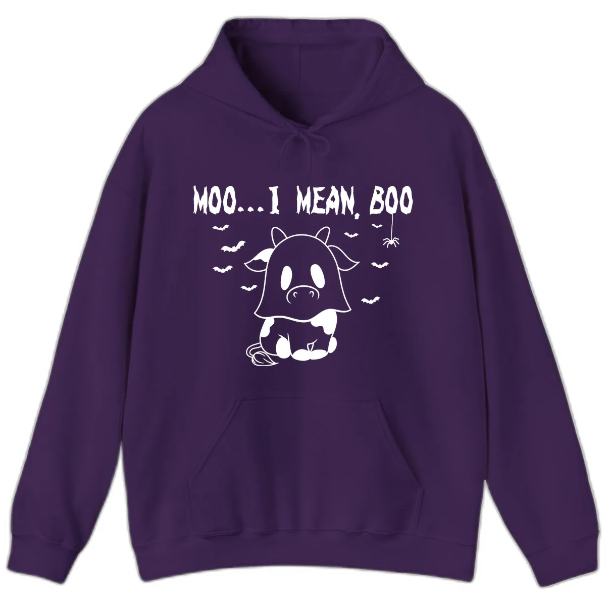 Moo I Mean Boo Ghost Cow Halloween Hoodie in Purple
