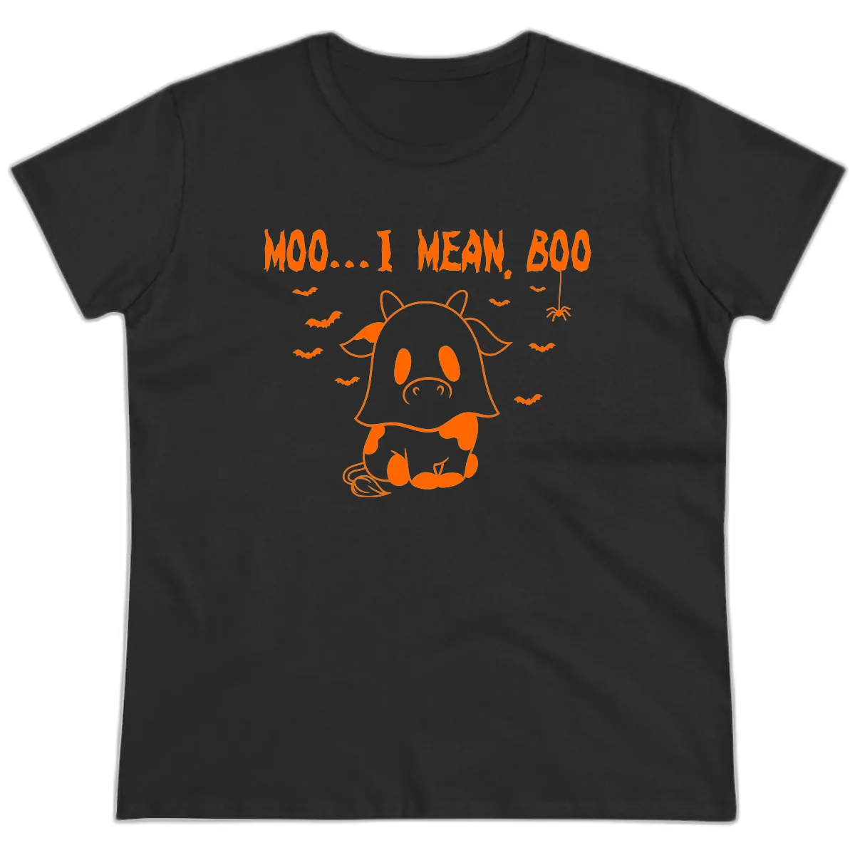 Moo I Mean Boo Ghost Cow Halloween Ladies Tee in Black