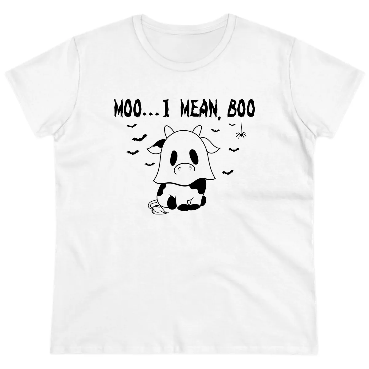 Moo I Mean Boo Ghost Cow Halloween Ladies Tee in White