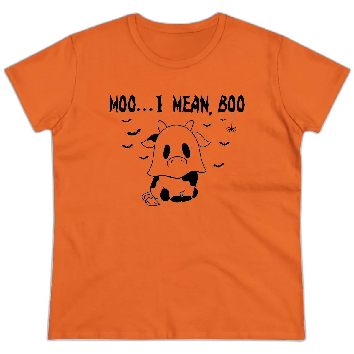 Moo I Mean Boo Ghost Cow Halloween Ladies Tee in Orange
