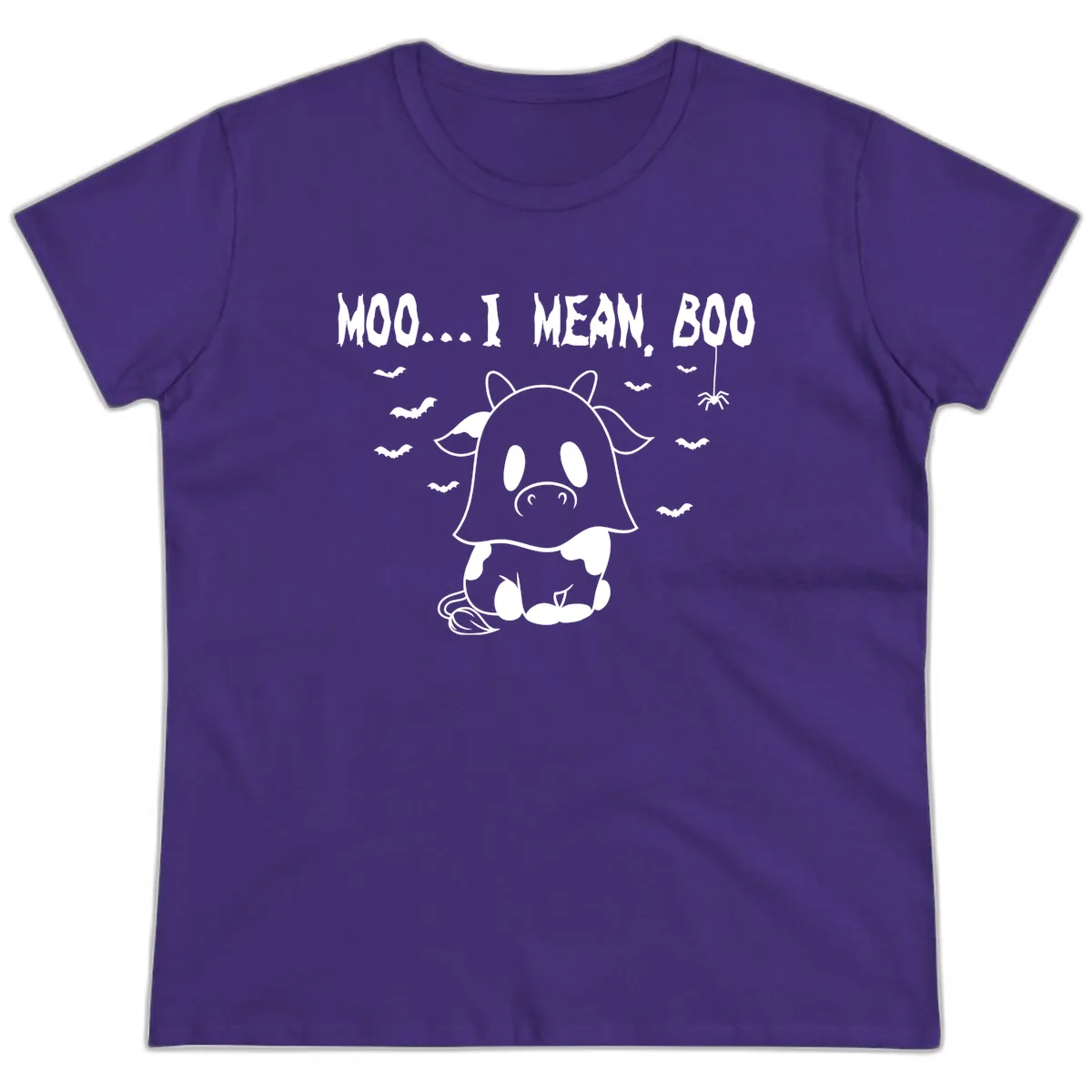 Moo I Mean Boo Ghost Cow Halloween Ladies Tee in Purple