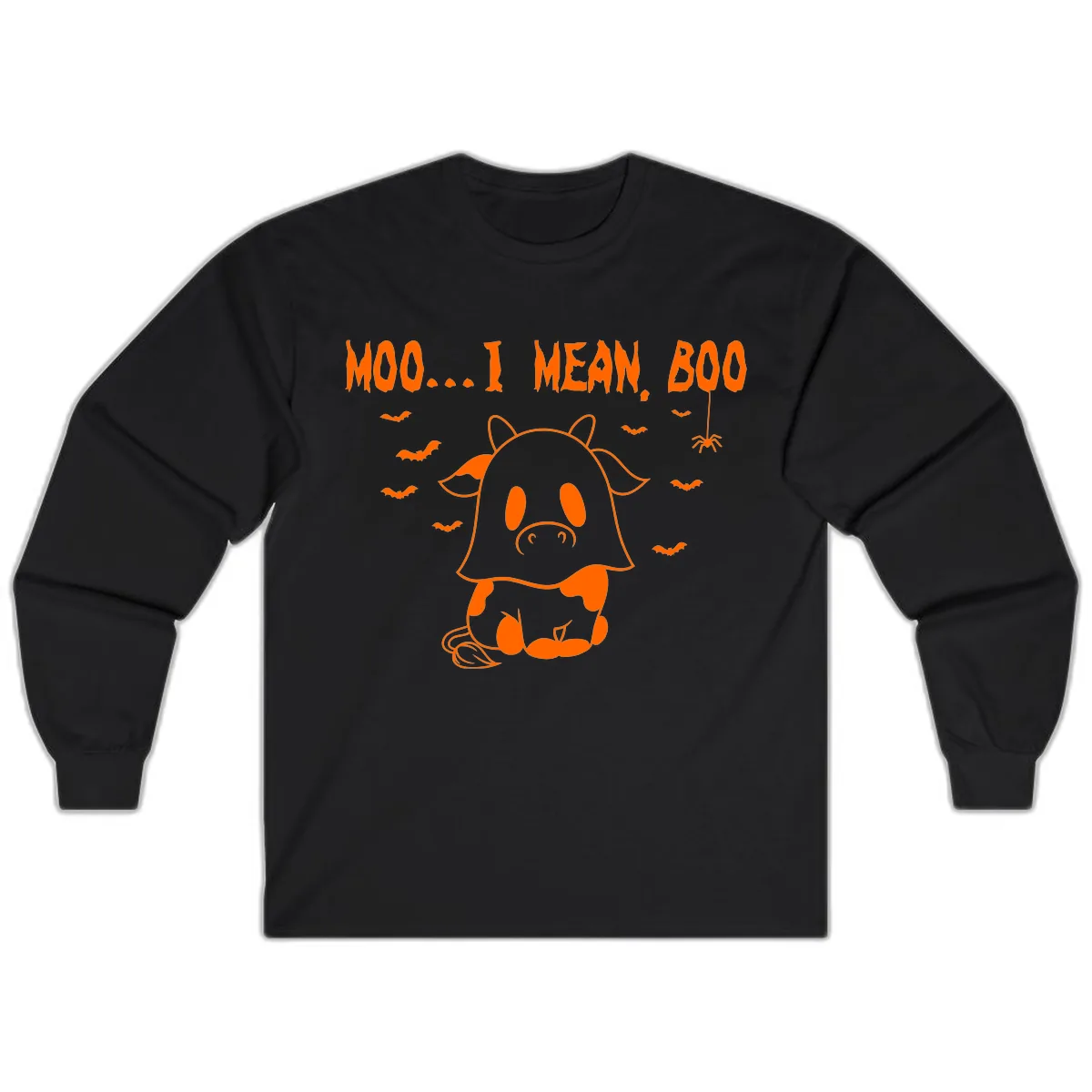 Moo I Mean Boo Ghost Cow Halloween Long Sleeve in Black