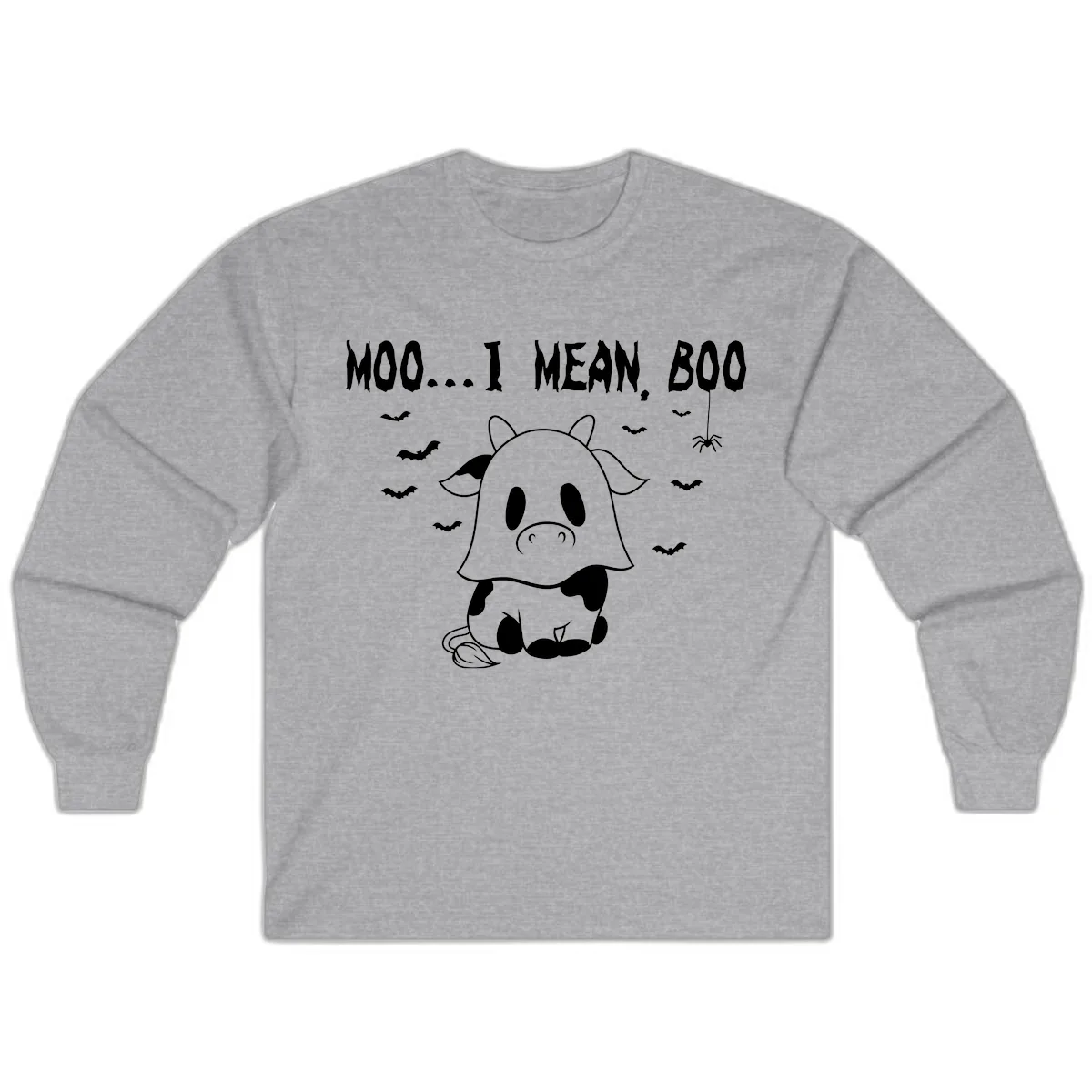 Moo I Mean Boo Ghost Cow Halloween Long Sleeve in Sport Grey