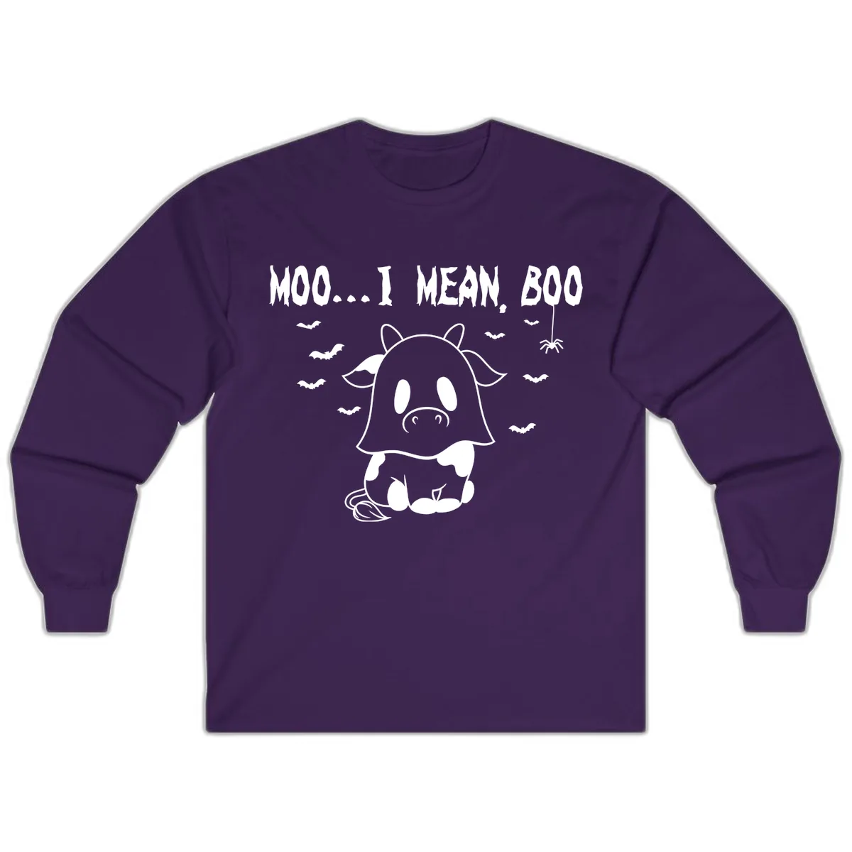 Moo I Mean Boo Ghost Cow Halloween Long Sleeve in Purple