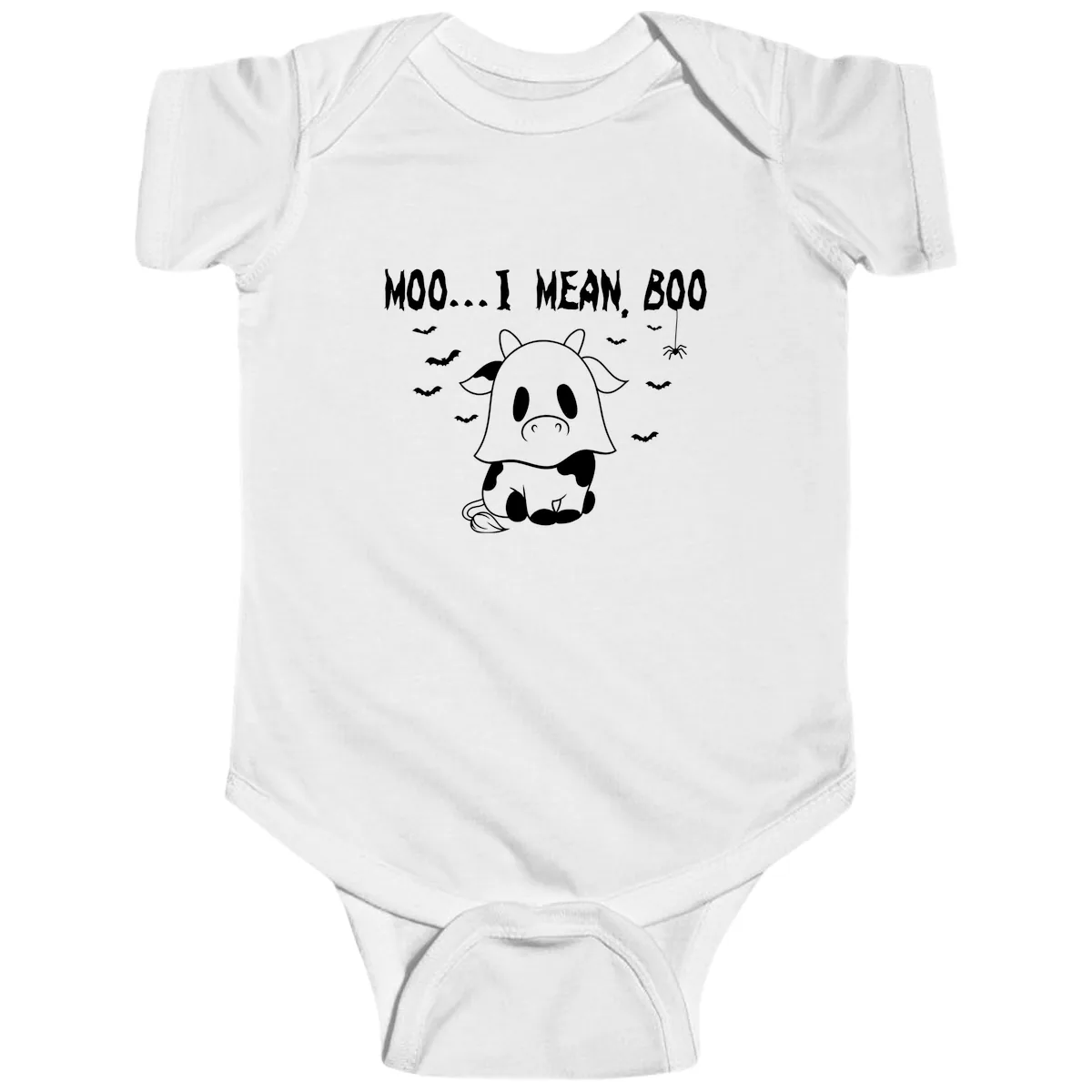 Moo I Mean Boo Ghost Cow Halloween Baby Onesie in White
