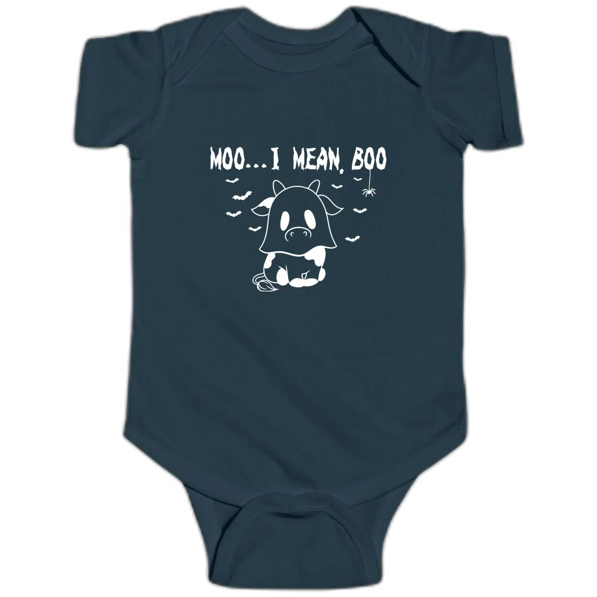 Moo I Mean Boo Ghost Cow Halloween Baby Onesie in Navy