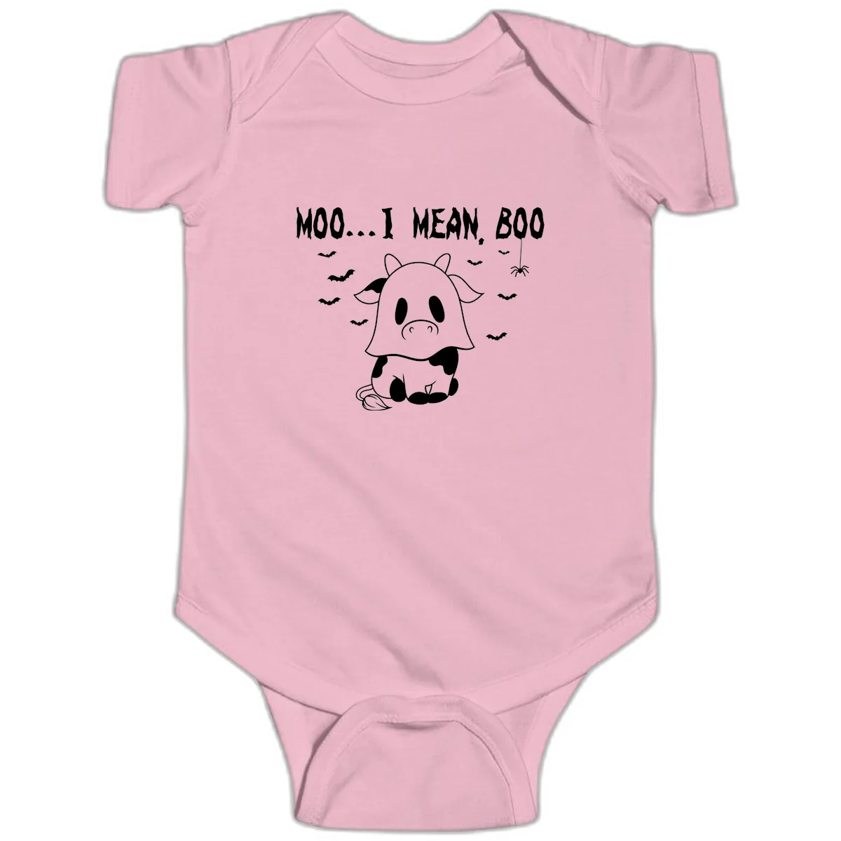 Moo I Mean Boo Ghost Cow Halloween Baby Onesie in Pink