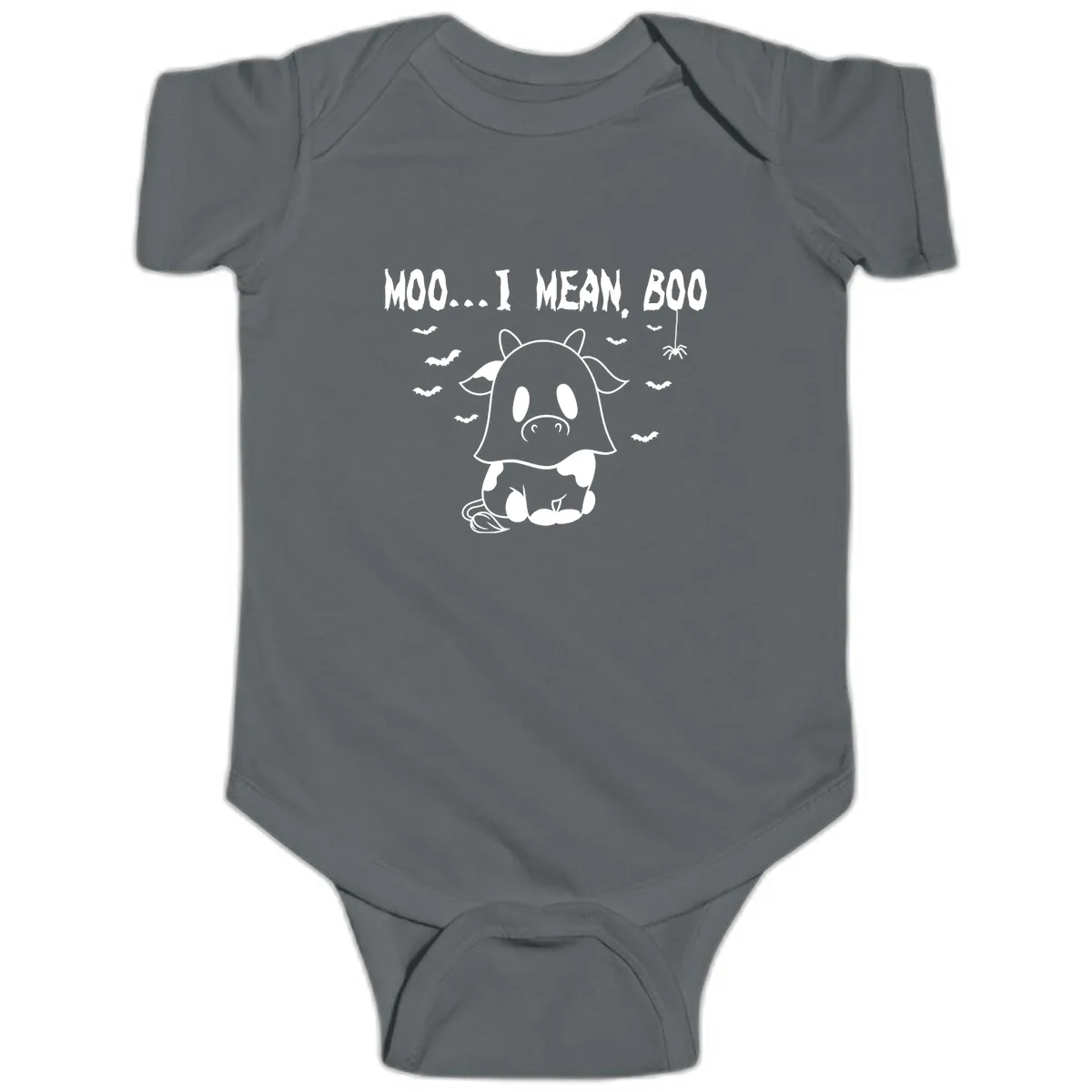 Moo I Mean Boo Ghost Cow Halloween Baby Onesie in Charcoal