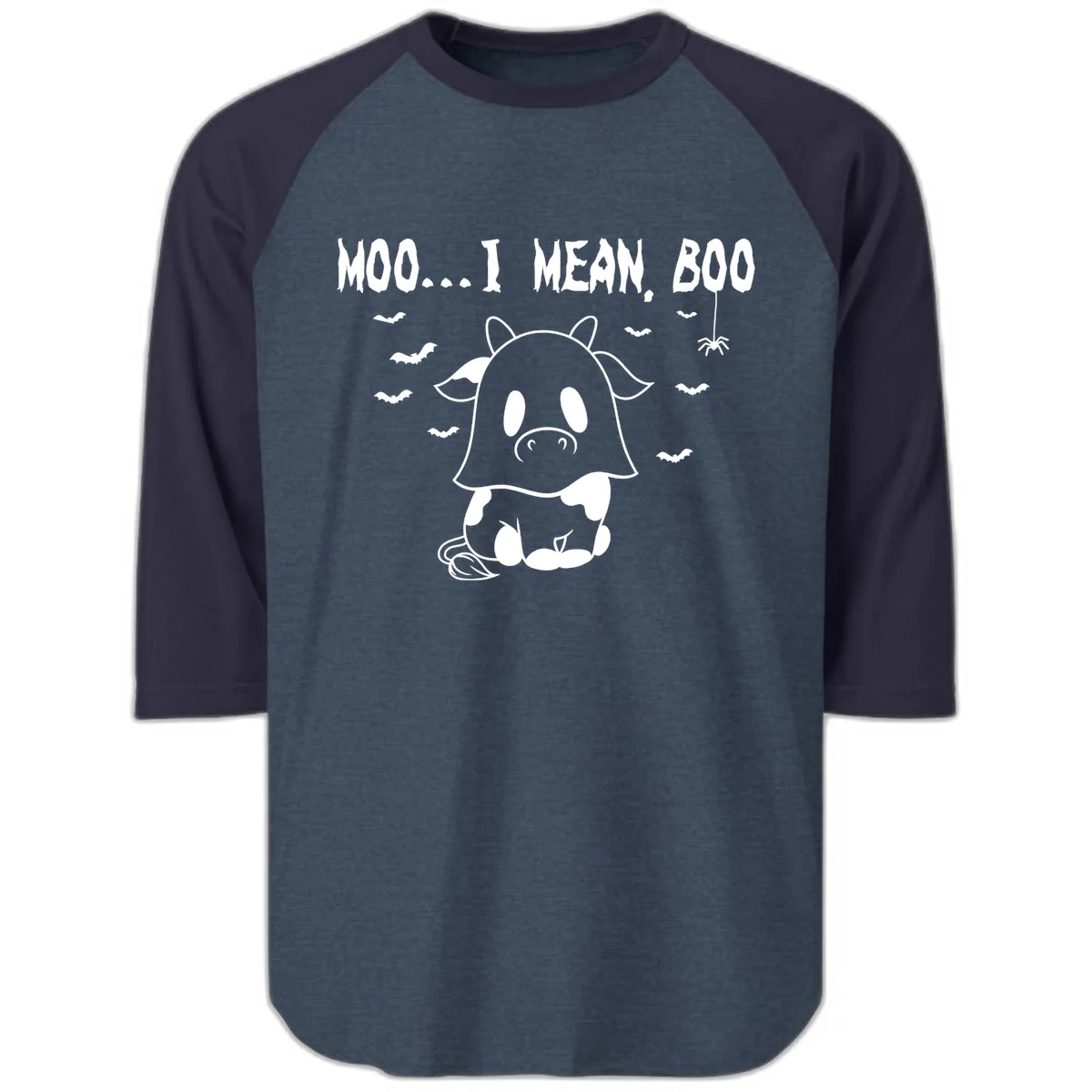 Moo I Mean Boo Ghost Cow Halloween Raglan 3/4 in Heather Denim Navy