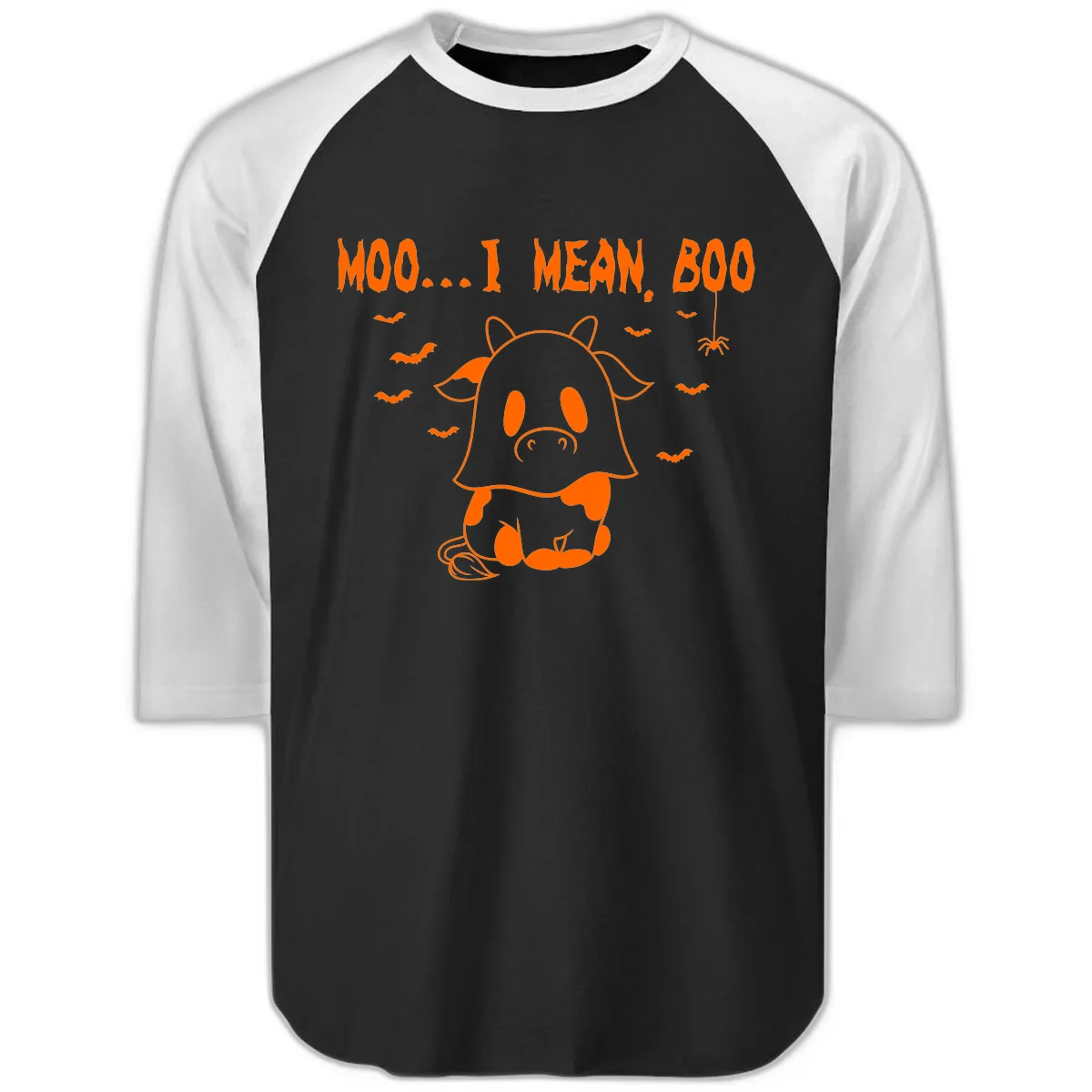 Moo I Mean Boo Ghost Cow Halloween Raglan 3/4 in Black White