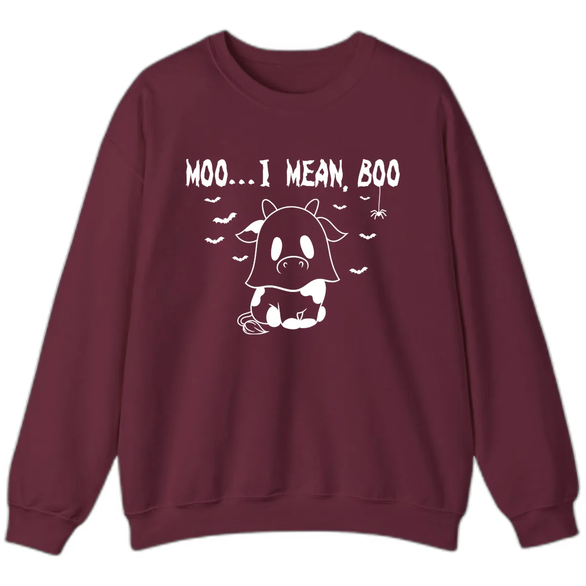 Moo I Mean Boo Ghost Cow Halloween Sweatshirt in Maroon