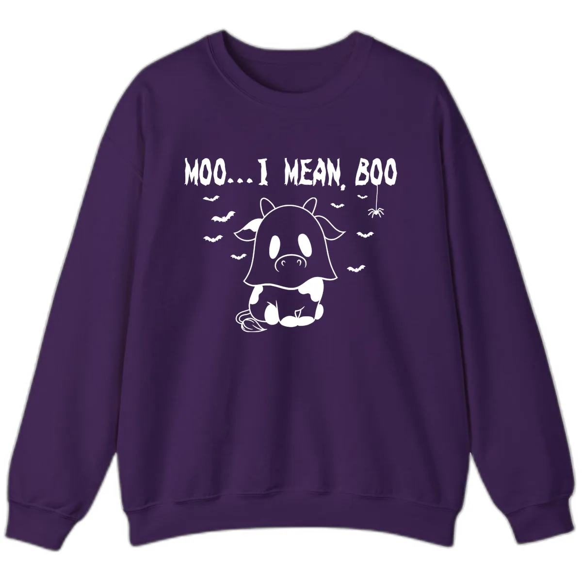Moo I Mean Boo Ghost Cow Halloween Sweatshirt in Purple