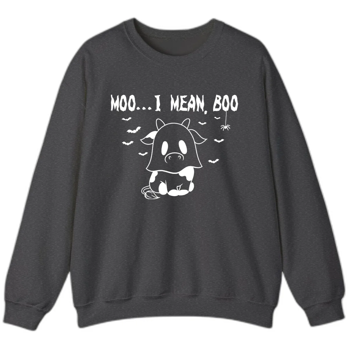 Moo I Mean Boo Ghost Cow Halloween Sweatshirt in Dark Heather