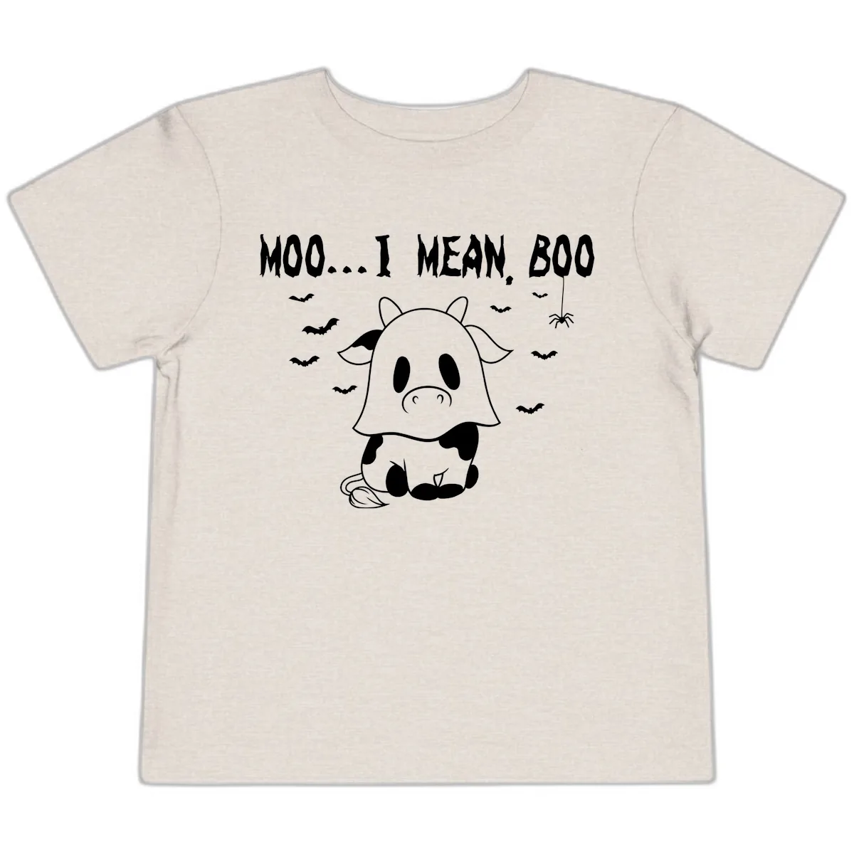 Moo I Mean Boo Ghost Cow Halloween Toddler T-Shirt in Heather Dust