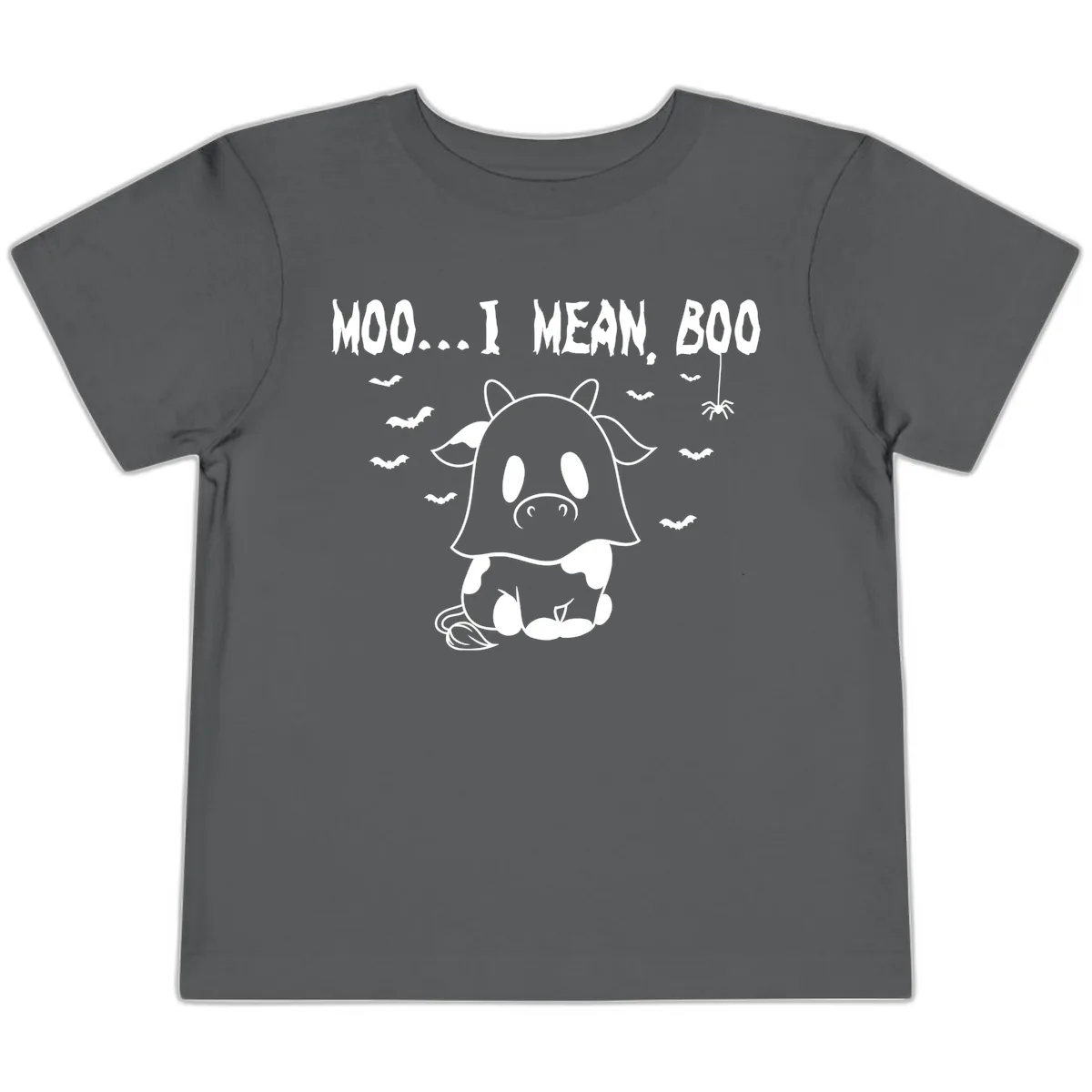 Moo I Mean Boo Ghost Cow Halloween Toddler T-Shirt in Asphalt