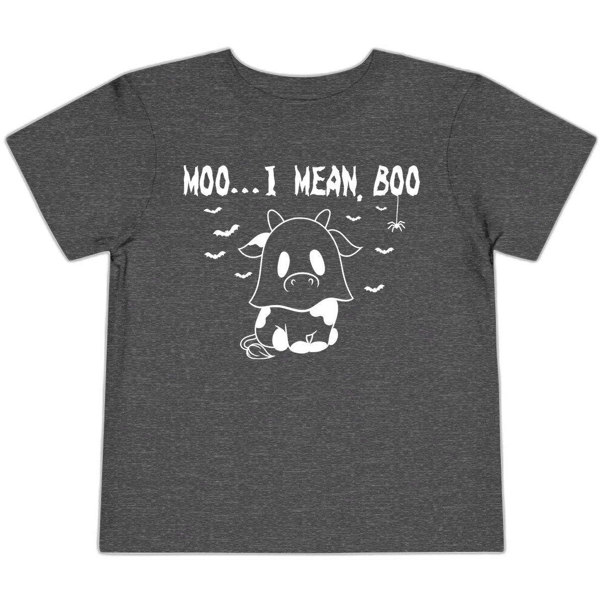 Moo I Mean Boo Ghost Cow Halloween Toddler T-Shirt in Dark Heather Grey