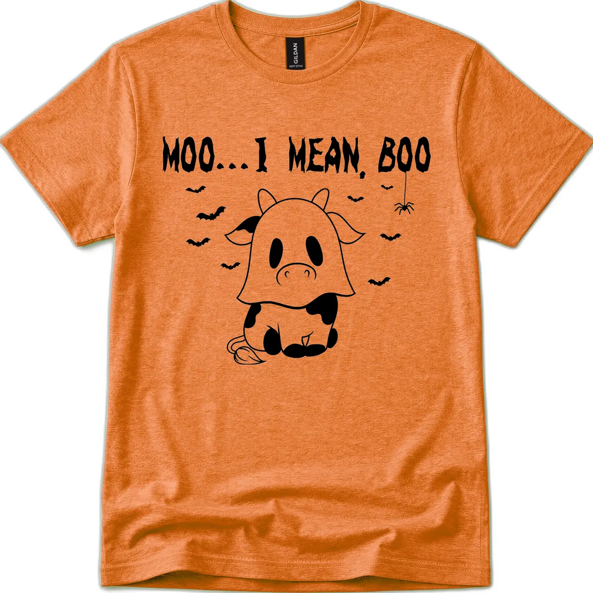 Moo I Mean Boo Ghost Cow Halloween T-Shirt in Heather Orange