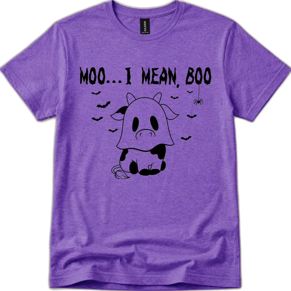 Moo I Mean Boo Ghost Cow Halloween T-Shirt in Heather Purple