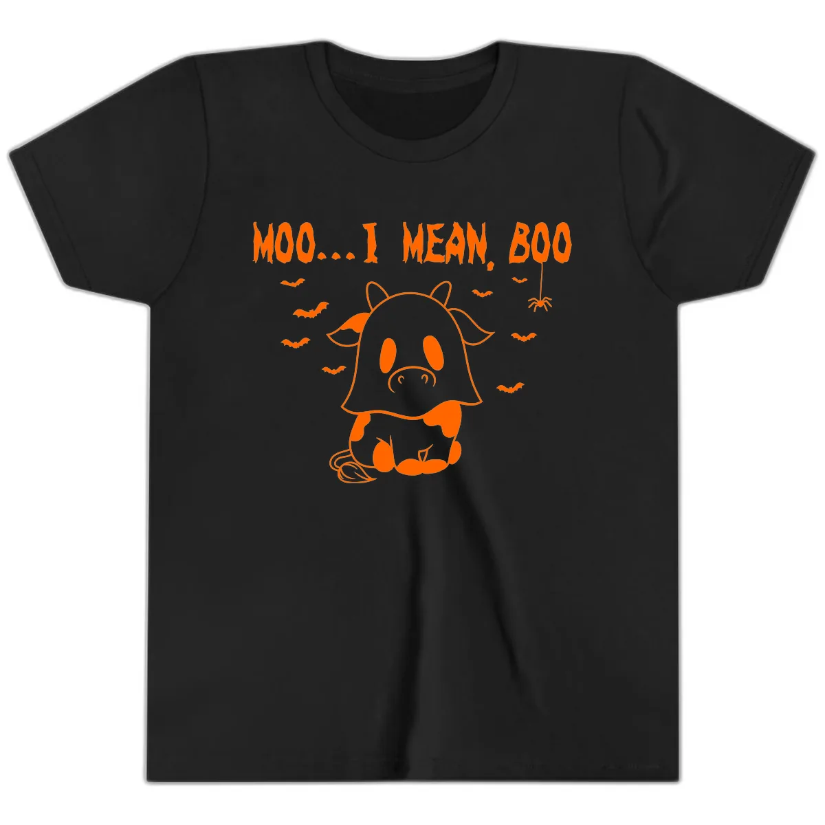 Moo I Mean Boo Ghost Cow Halloween Youth T-Shirt in Black