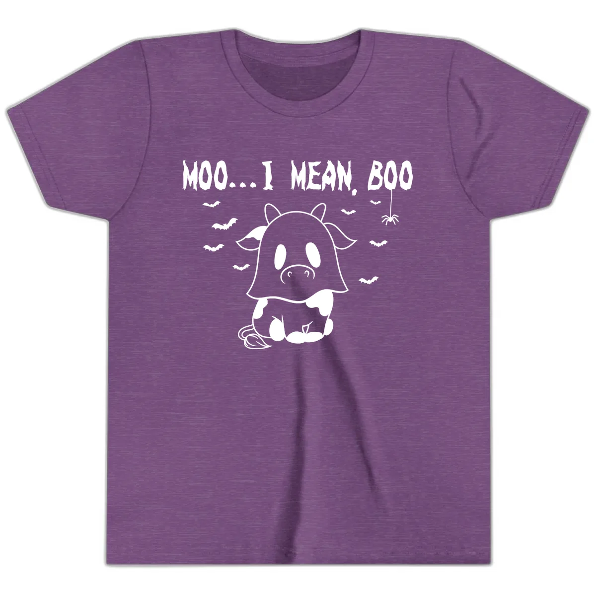 Moo I Mean Boo Ghost Cow Halloween Youth T-Shirt in Heather Team Purple