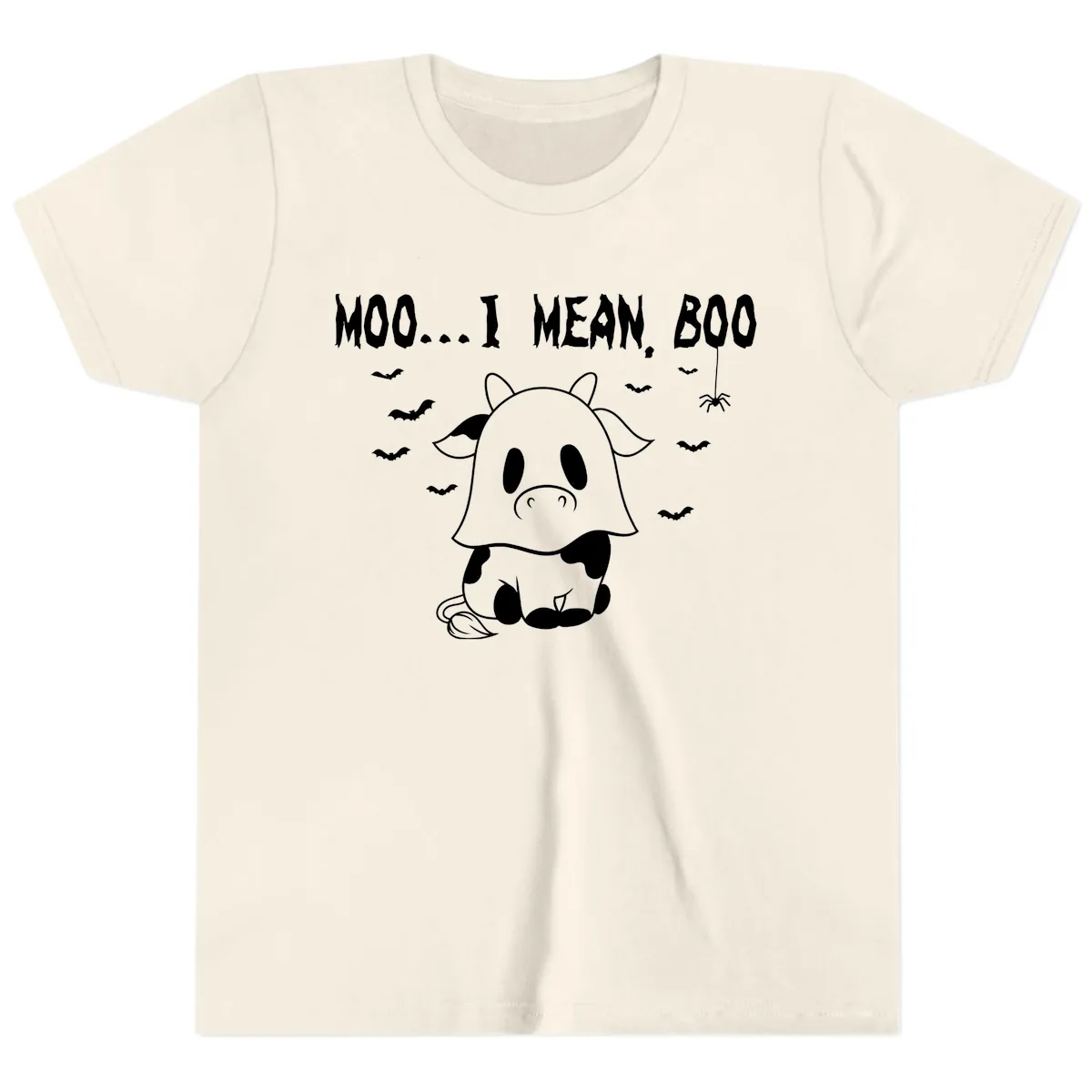 Moo I Mean Boo Ghost Cow Halloween Youth T-Shirt in Natural