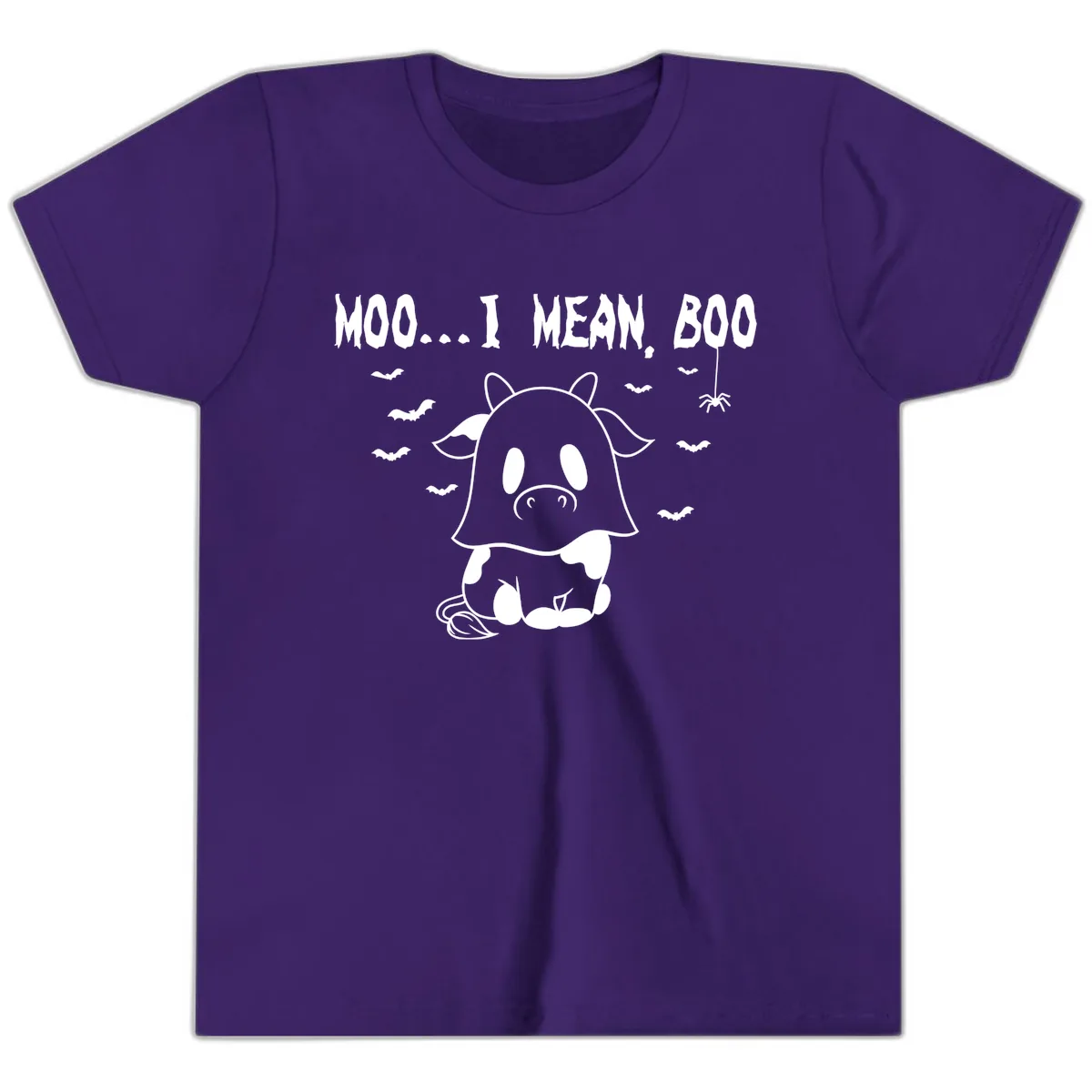 Moo I Mean Boo Ghost Cow Halloween Youth T-Shirt in Team Purple