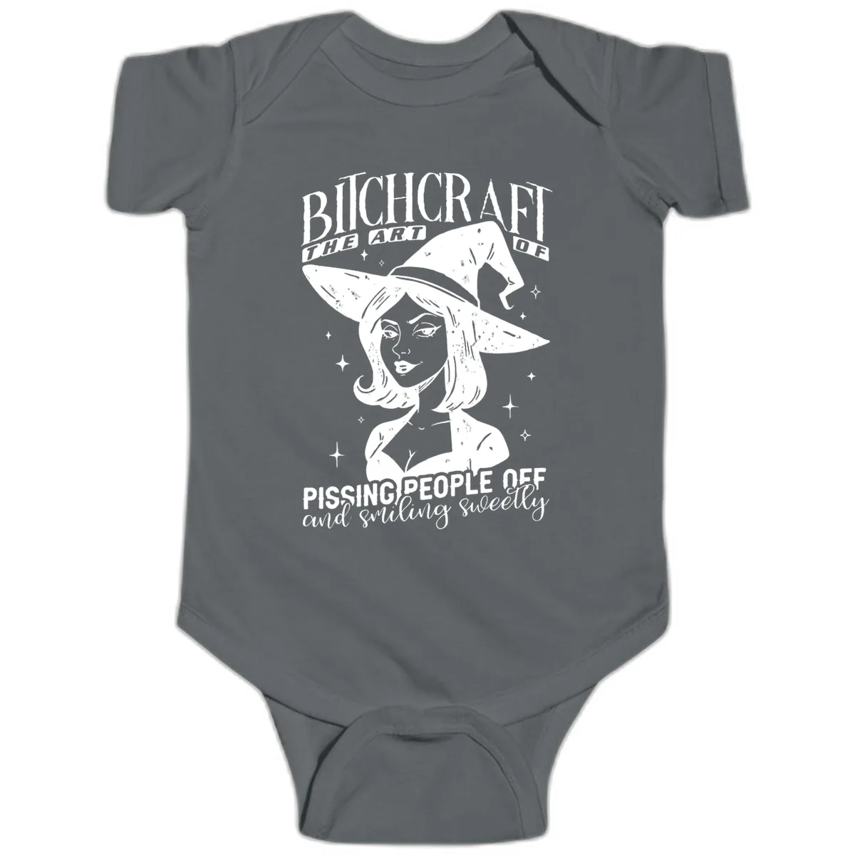 Bitchcraft The Art Of Pissing People Off Baby Onesie in Charcoal