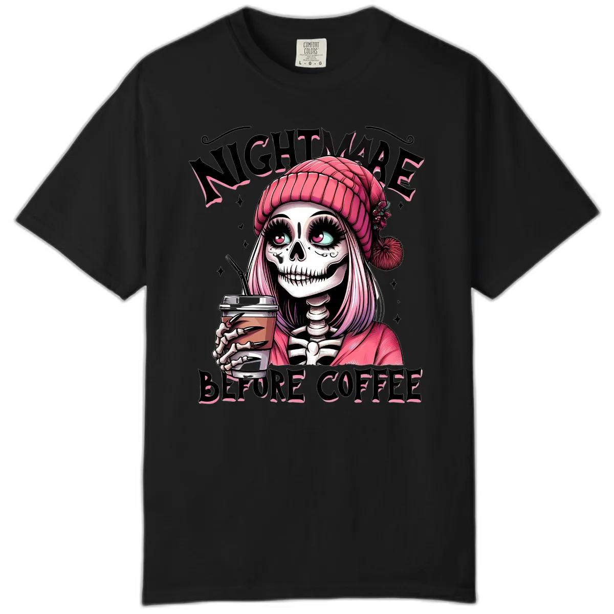 Nightmare Before Coffee Skeleton Lady Comfort Color in Black