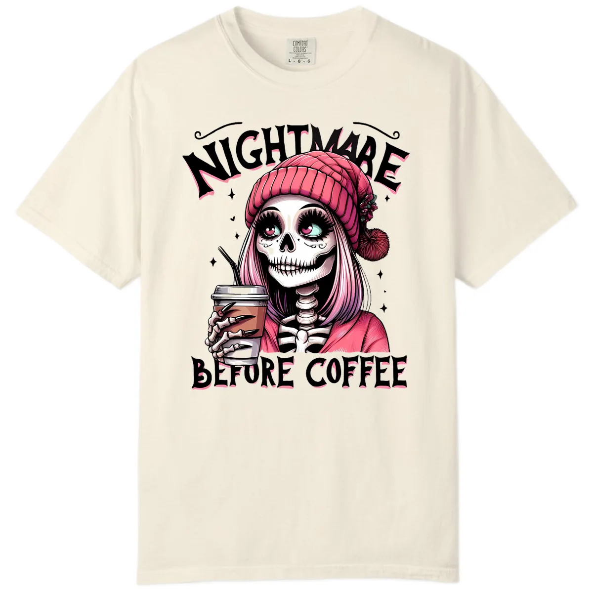 Nightmare Before Coffee Skeleton Lady Comfort Color in Ivory