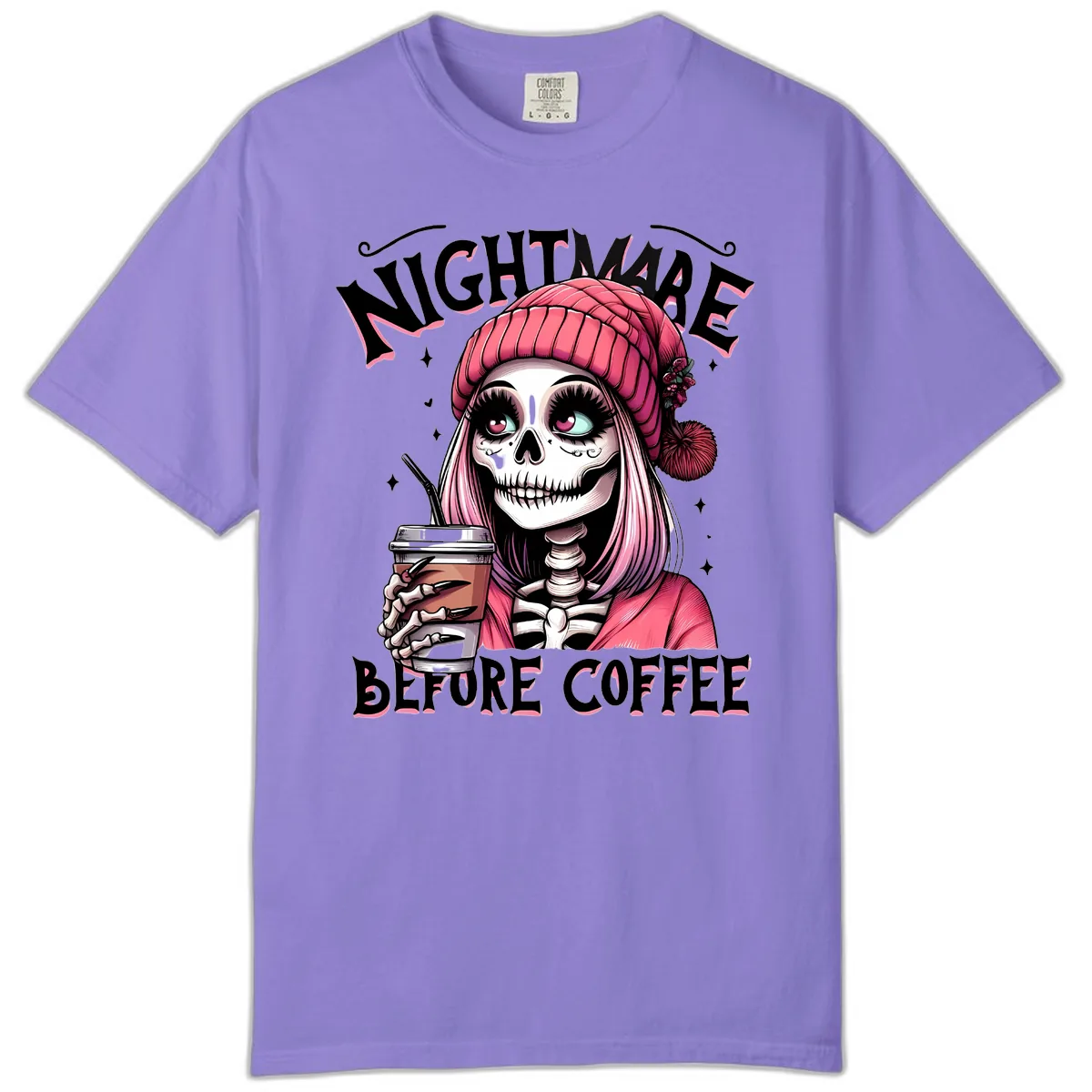 Nightmare Before Coffee Skeleton Lady Comfort Color in Violet