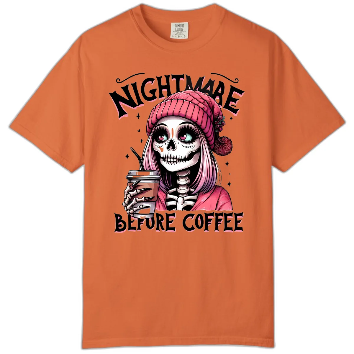 Nightmare Before Coffee Skeleton Lady Comfort Color in Burnt Orange
