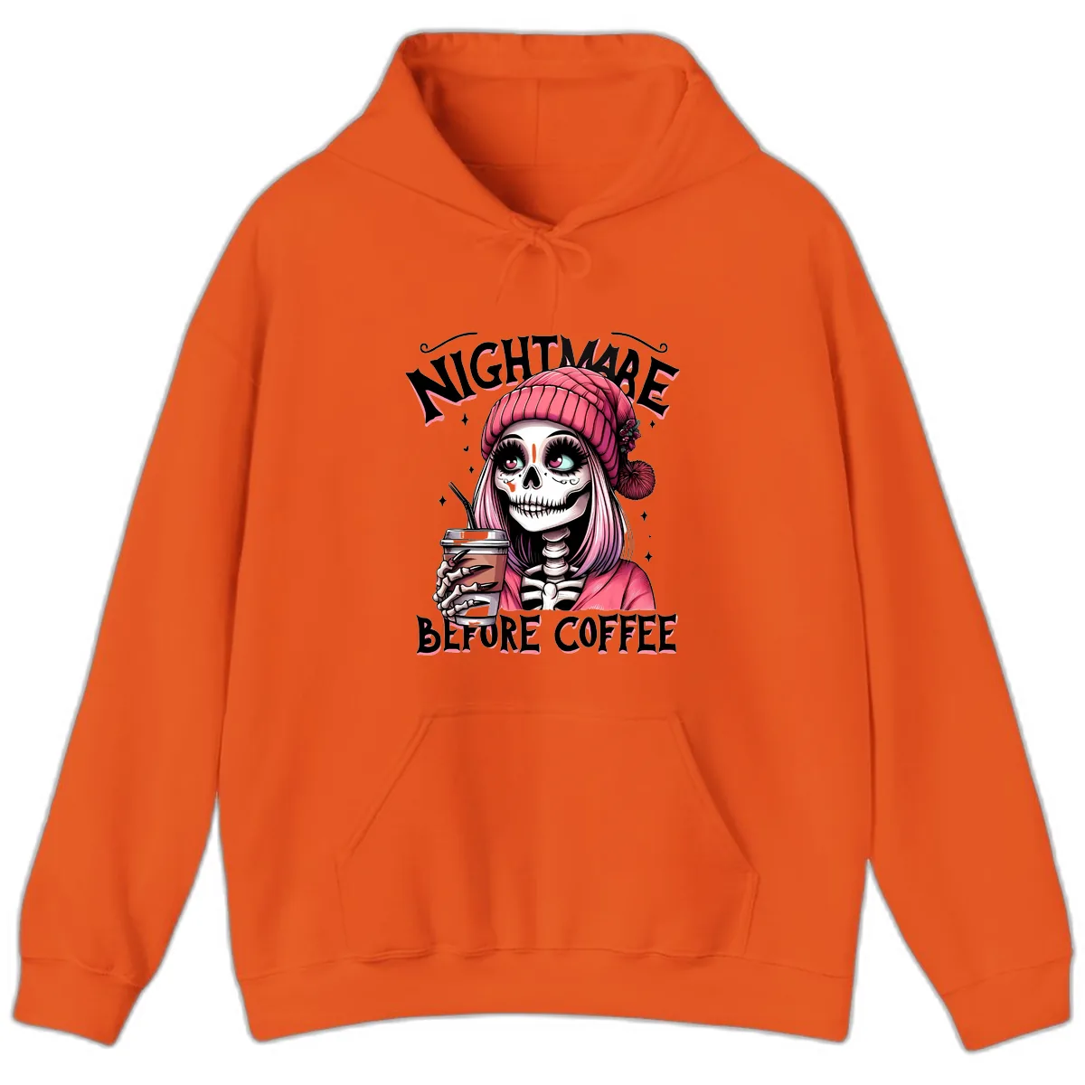 Nightmare Before Coffee Skeleton Lady Hoodie in Orange