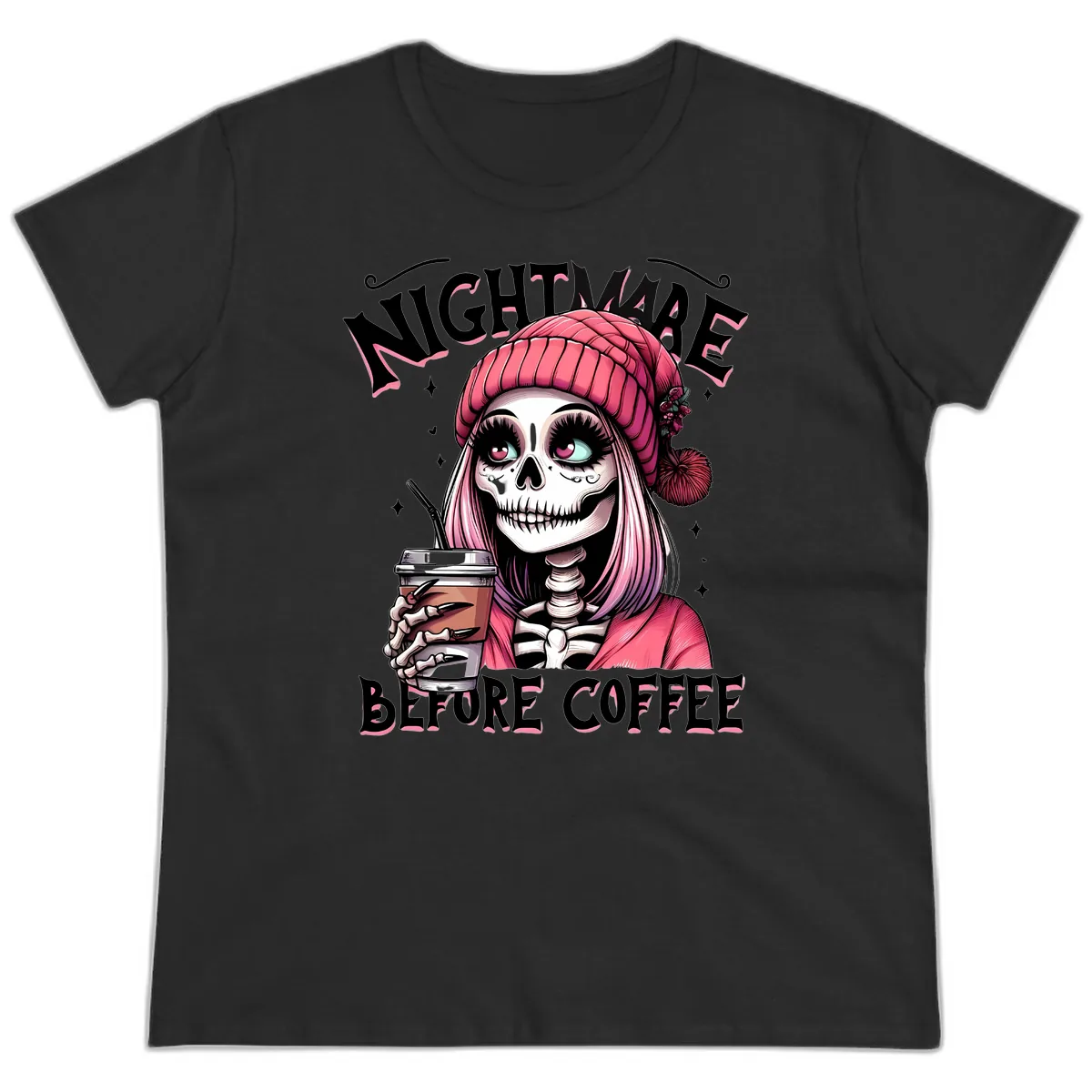 Nightmare Before Coffee Skeleton Lady Ladies Tee in Black