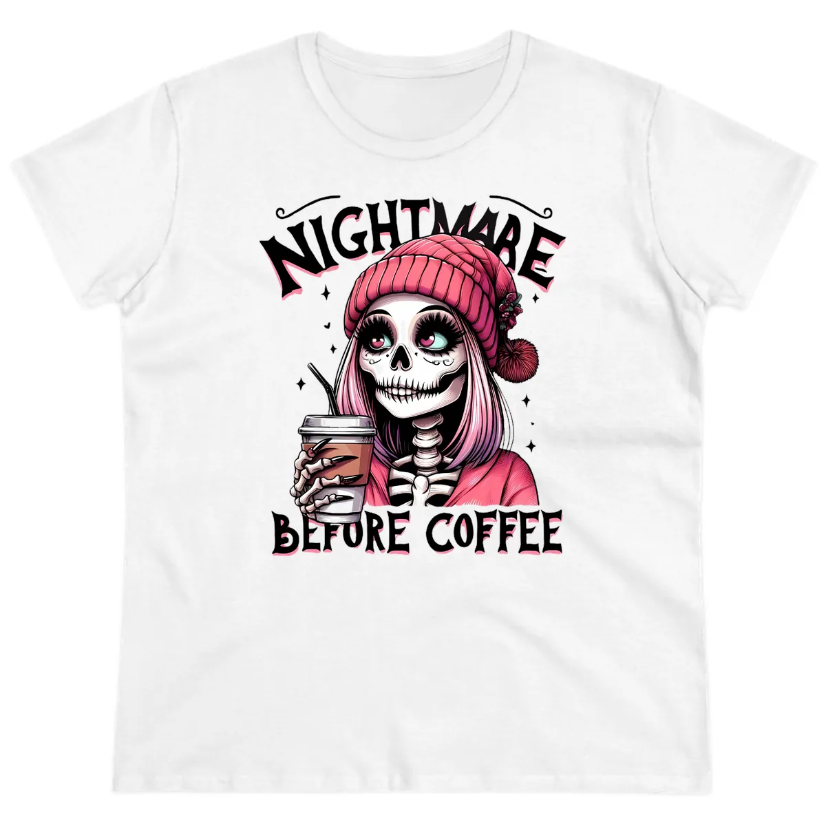 Nightmare Before Coffee Skeleton Lady Ladies Tee in White