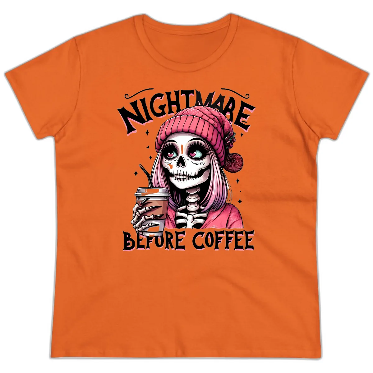 Nightmare Before Coffee Skeleton Lady Ladies Tee in Orange