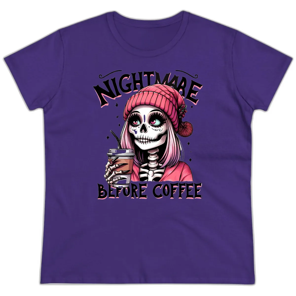 Nightmare Before Coffee Skeleton Lady Ladies Tee in Purple