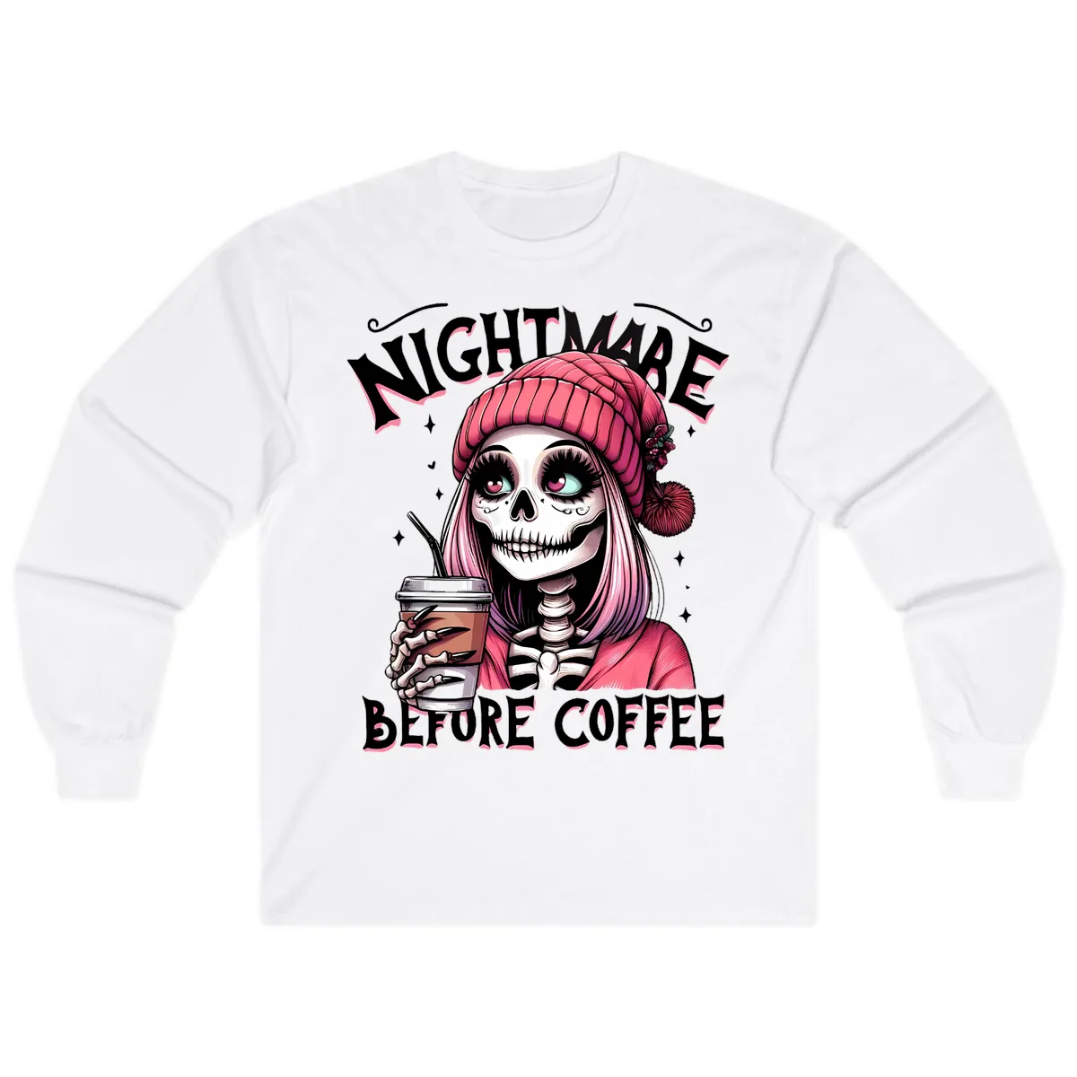 Nightmare Before Coffee Skeleton Lady Long Sleeve in White