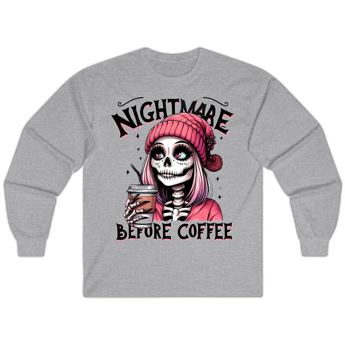 Nightmare Before Coffee Skeleton Lady Long Sleeve in Sport Grey