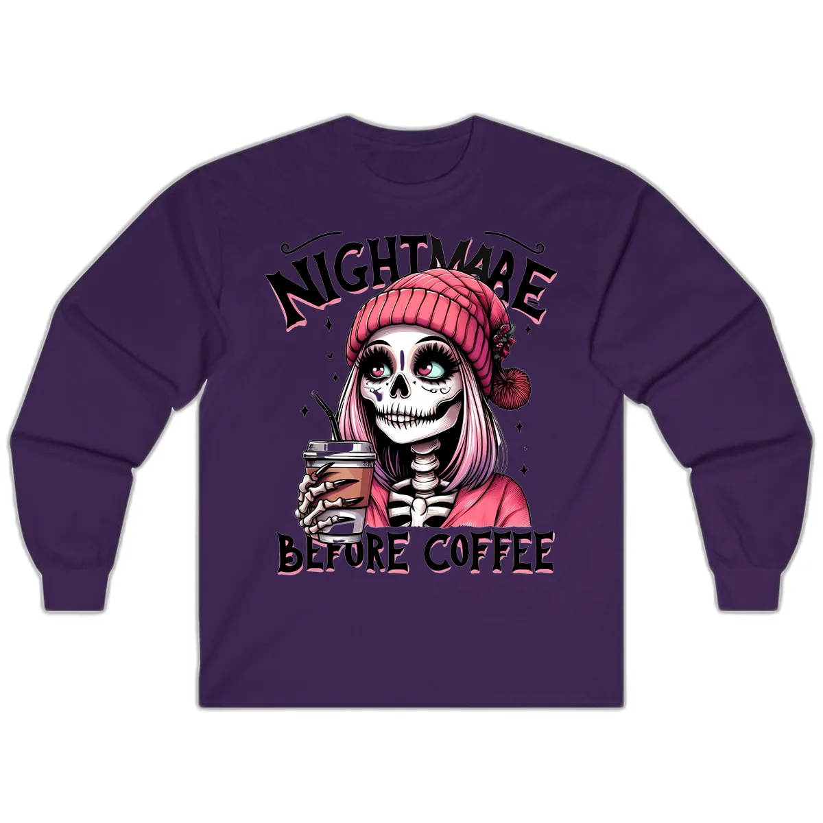 Nightmare Before Coffee Skeleton Lady Long Sleeve in Purple