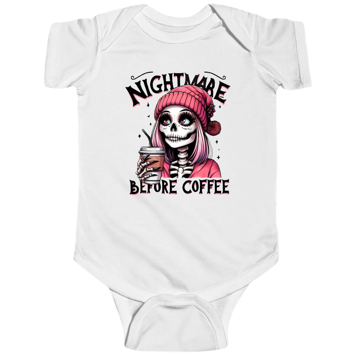Nightmare Before Coffee Skeleton Lady Baby Onesie in White