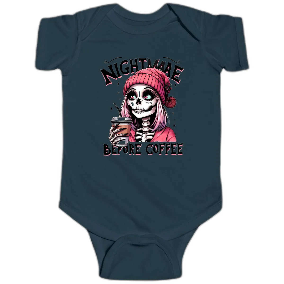 Nightmare Before Coffee Skeleton Lady Baby Onesie in Navy