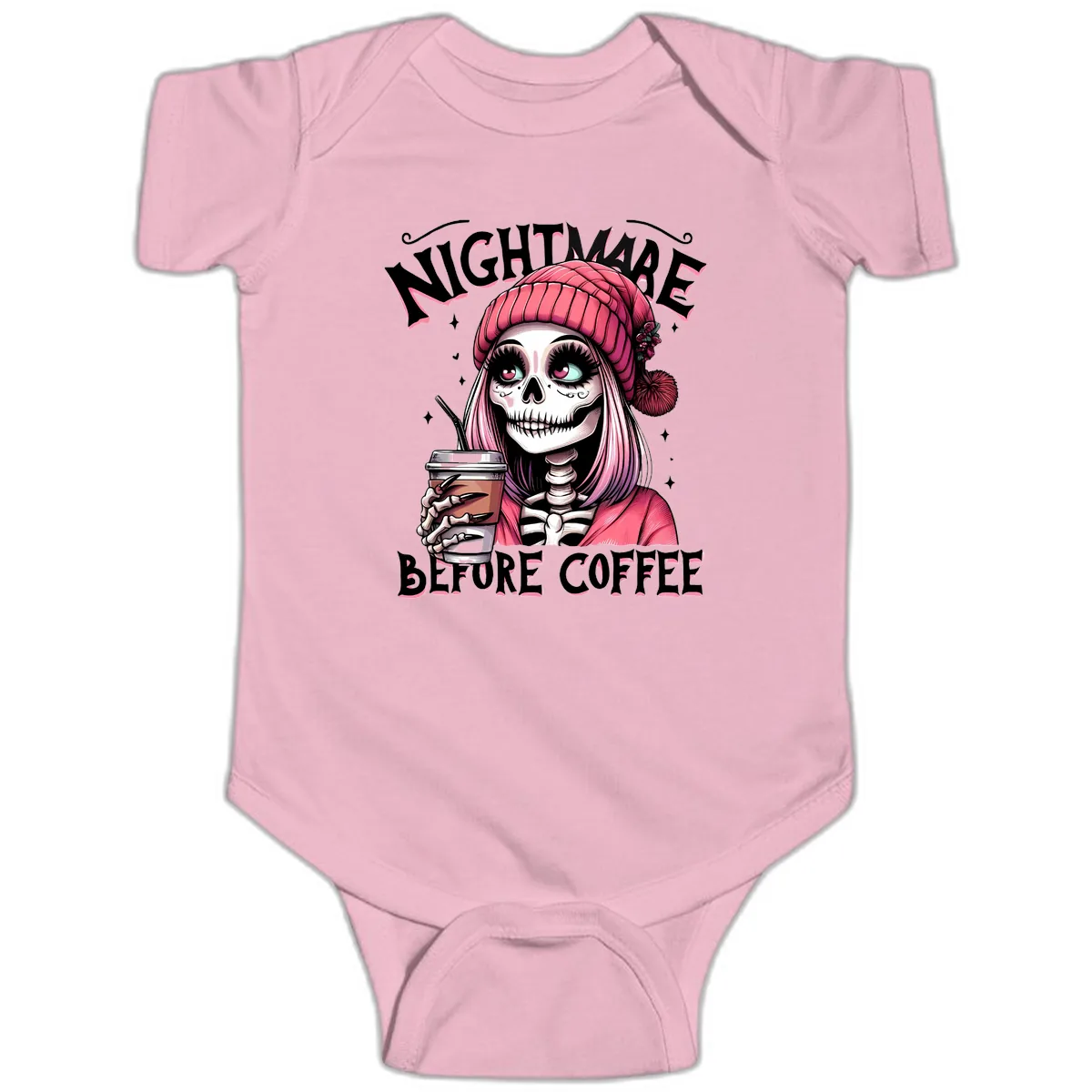 Nightmare Before Coffee Skeleton Lady Baby Onesie in Pink