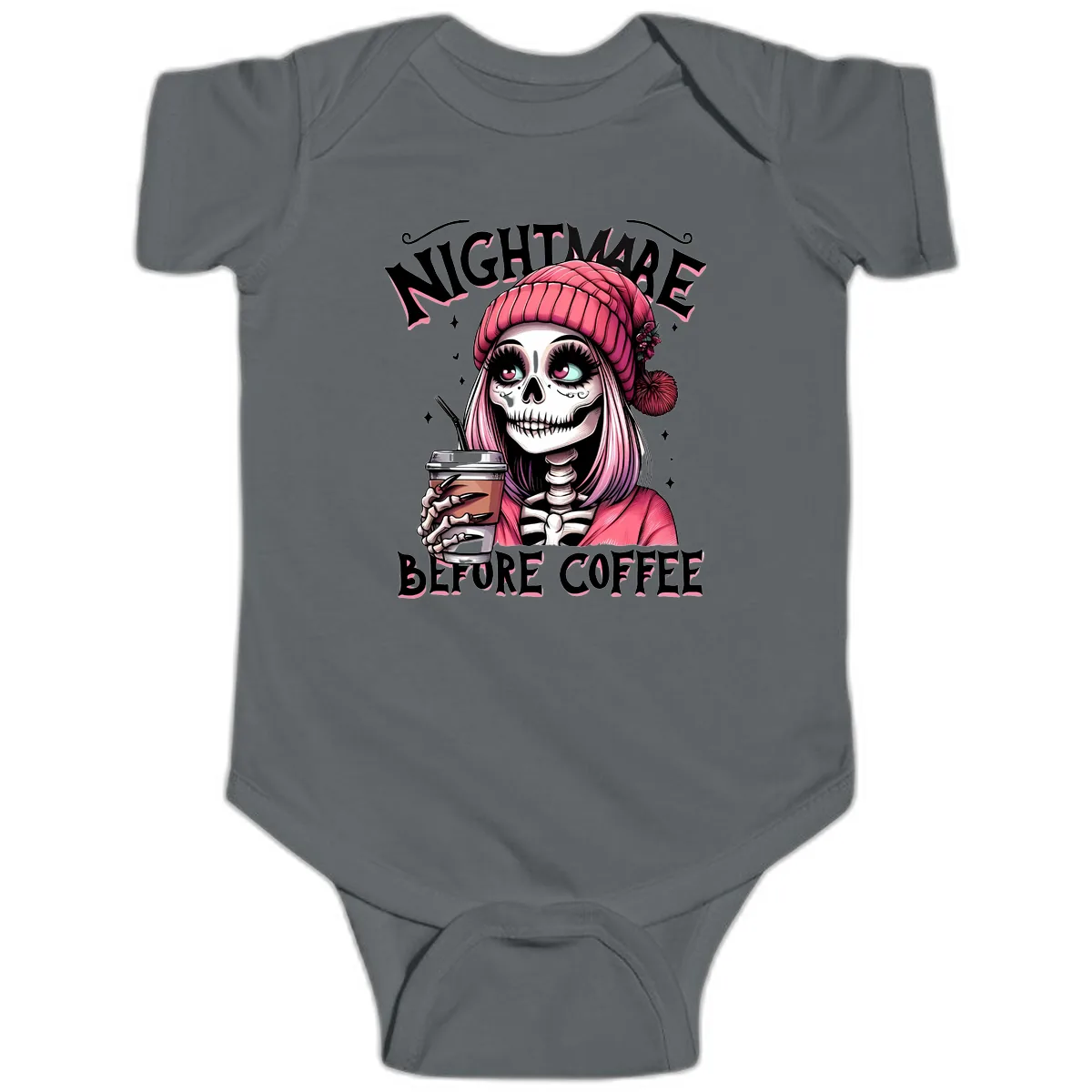 Nightmare Before Coffee Skeleton Lady Baby Onesie in Charcoal