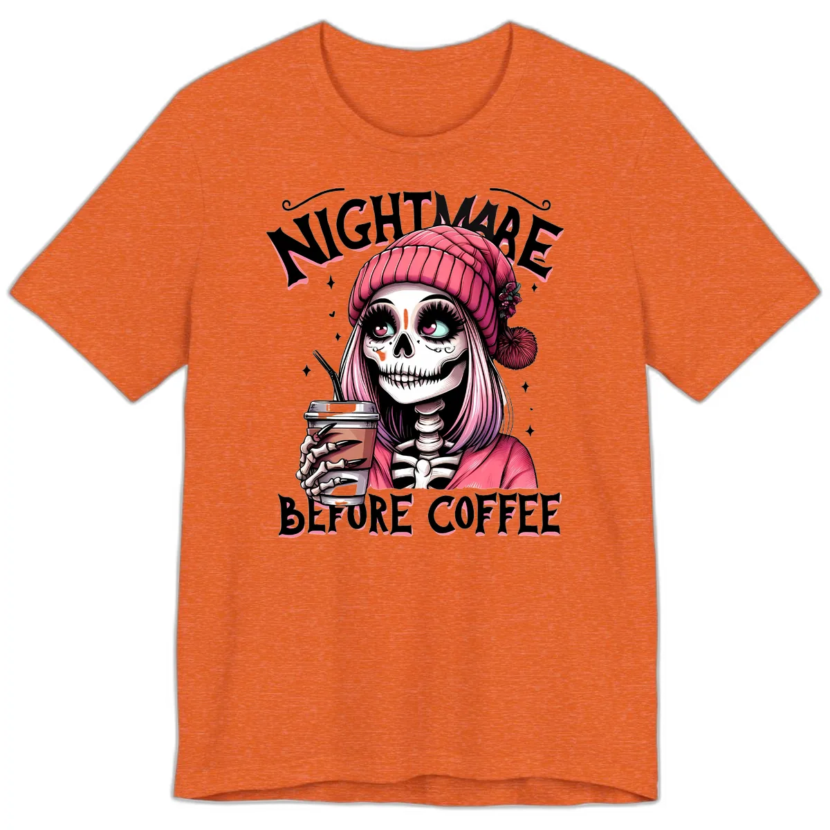 Nightmare Before Coffee Skeleton Lady Premium T-Shirt in Heather Orange