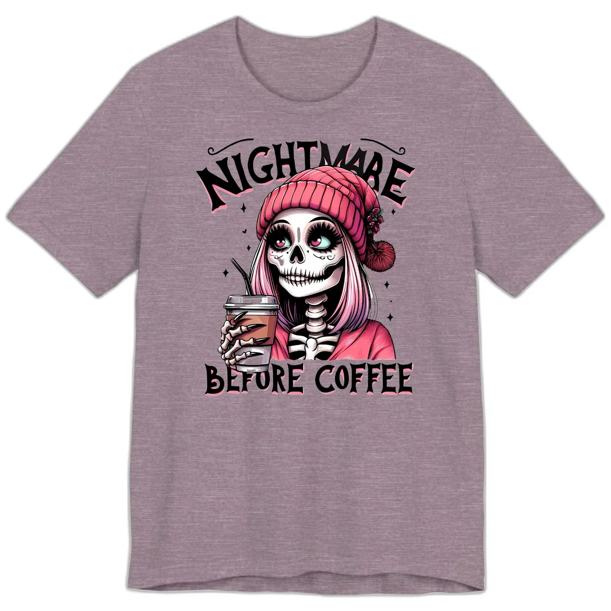 Nightmare Before Coffee Skeleton Lady Premium T-Shirt in Heather Purple